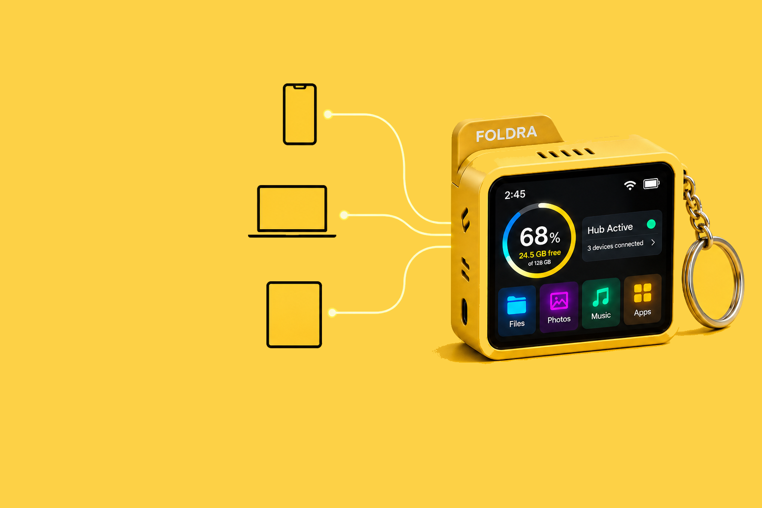 Foldra wireless hub connecting phone, laptop, and tablet